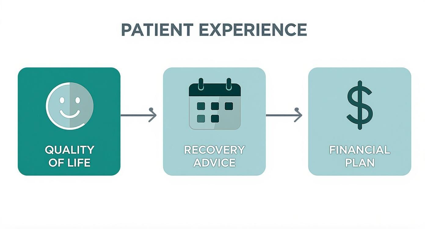 A diagram illustrating the patient experience journey: quality of life, recovery advice, and financial plan.