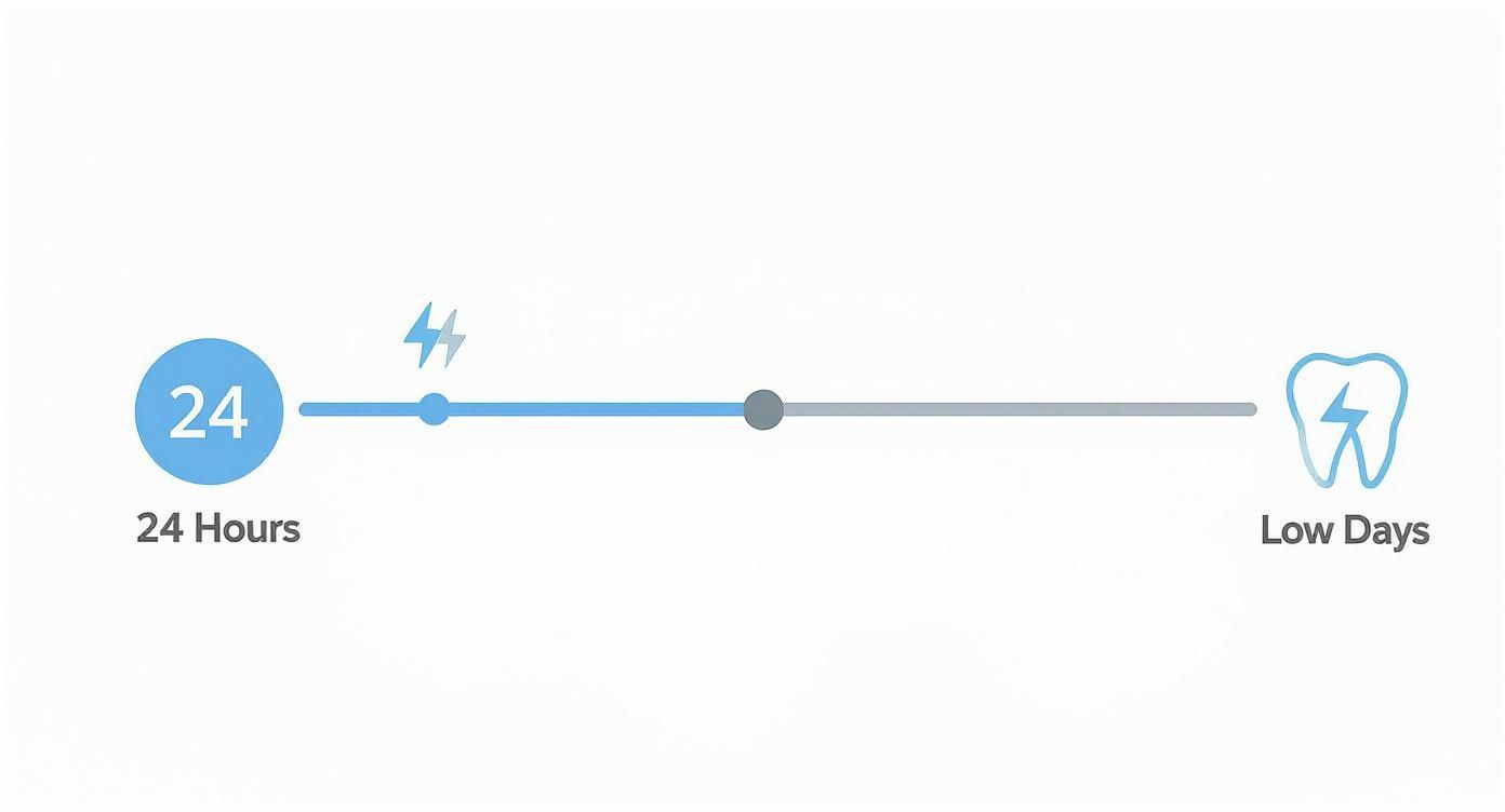 A horizontal slider illustrating a timeline from 24 hours to low days, with a dental tooth icon.