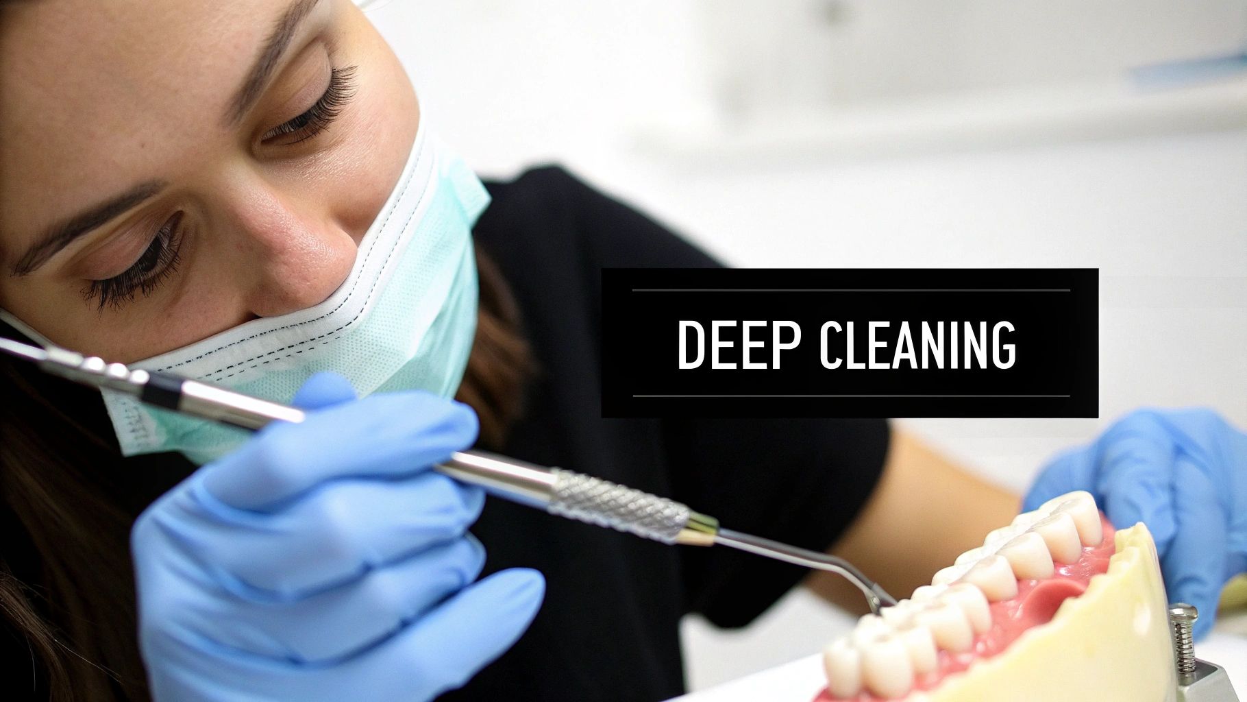 A dental professional wearing a mask and gloves performs a deep cleaning procedure on a teeth model.