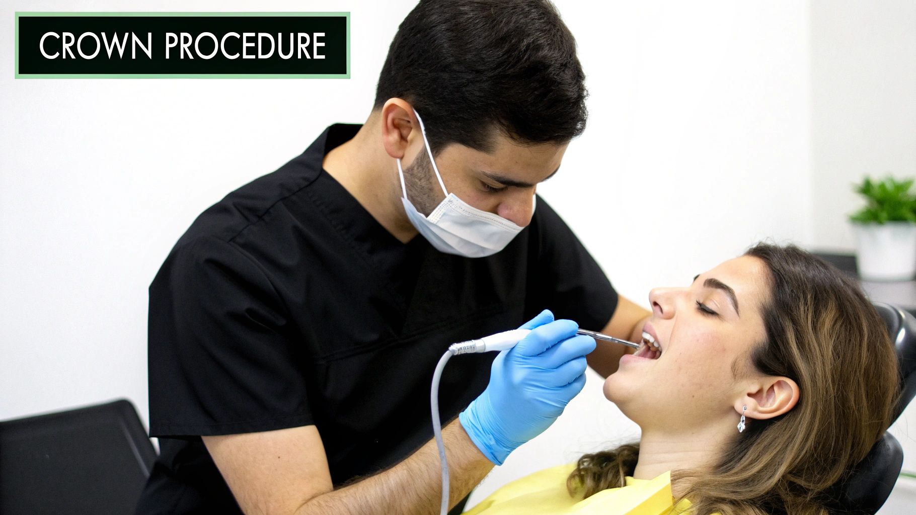 A dentist in a mask and gloves performs a crown procedure on a female patient in a dental chair.
