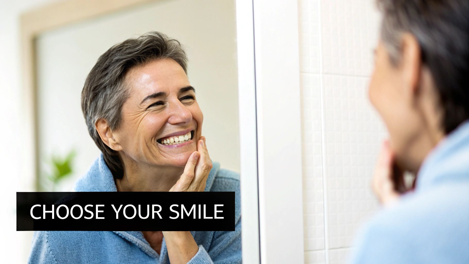 A happy woman with grey hair smiling brightly at her reflection in a mirror.