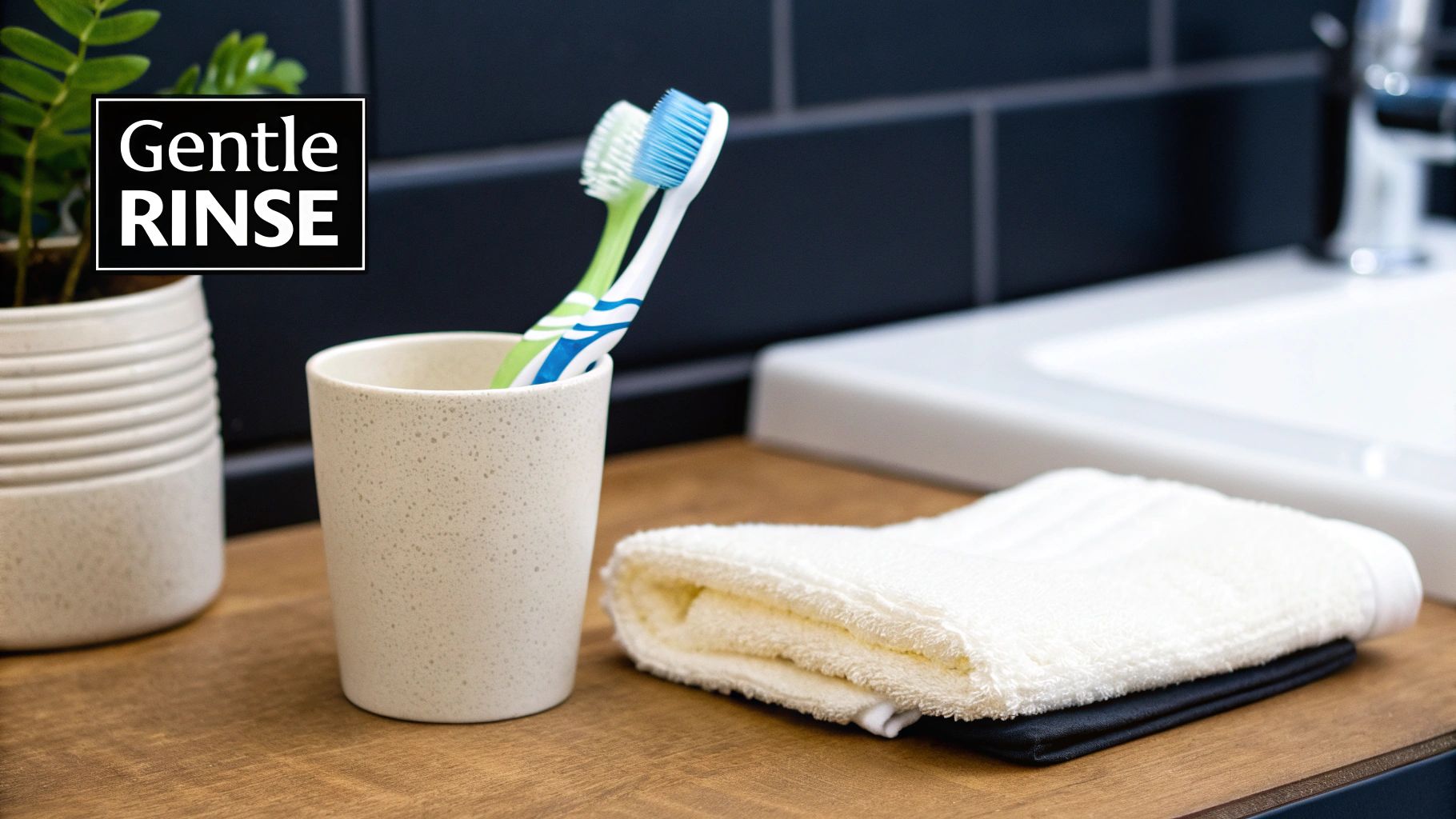 Two toothbrushes in a speckled ceramic cup, a folded white towel, and a plant on a wooden bathroom counter.