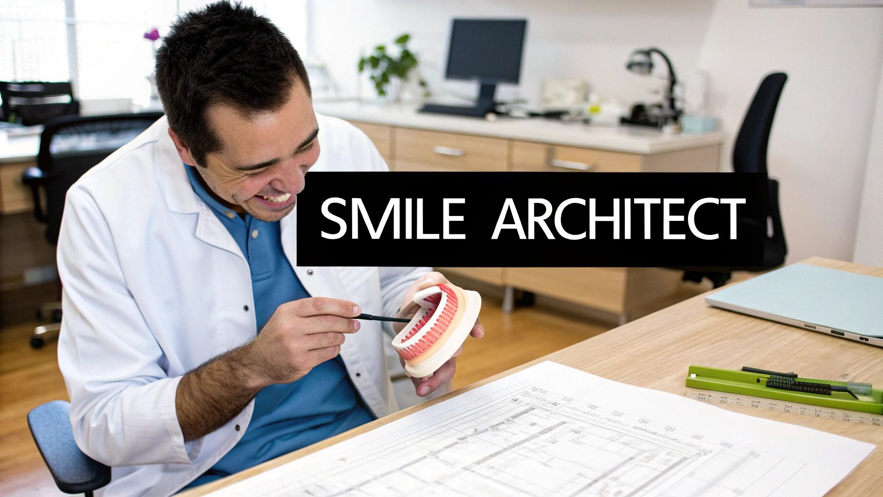 A smiling male prosthodontist in a lab coat points at a dental model, working on a smile design.