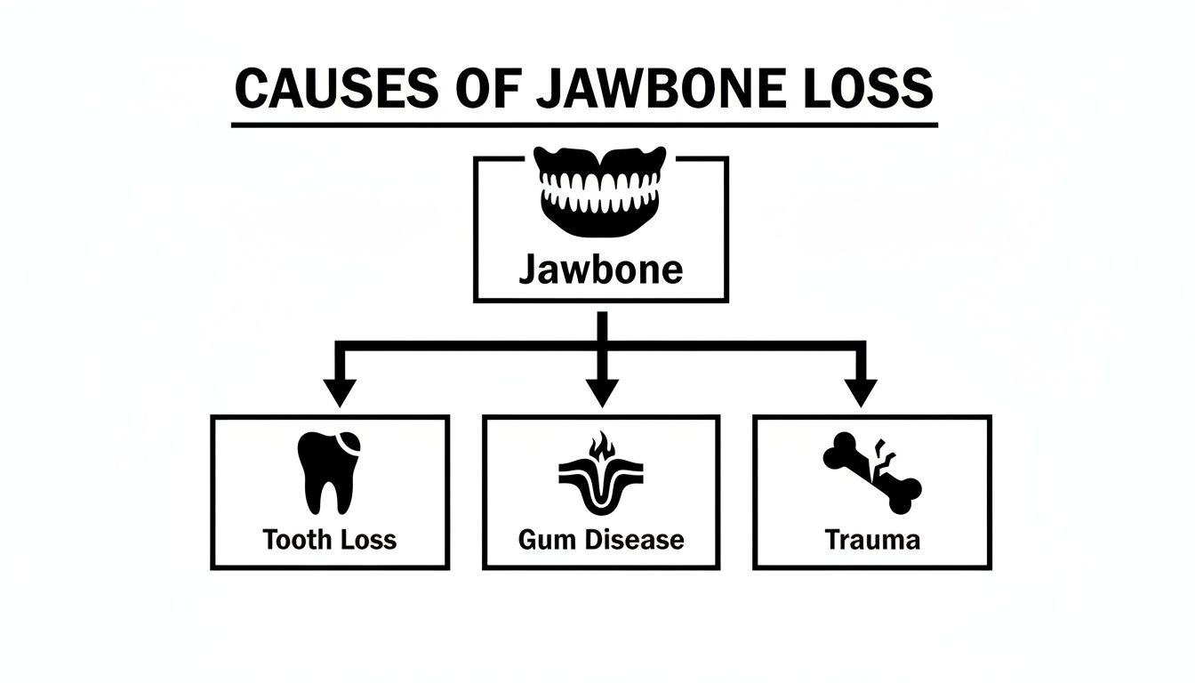 Diagram showing the primary causes of jawbone loss: tooth loss, gum disease, and trauma.