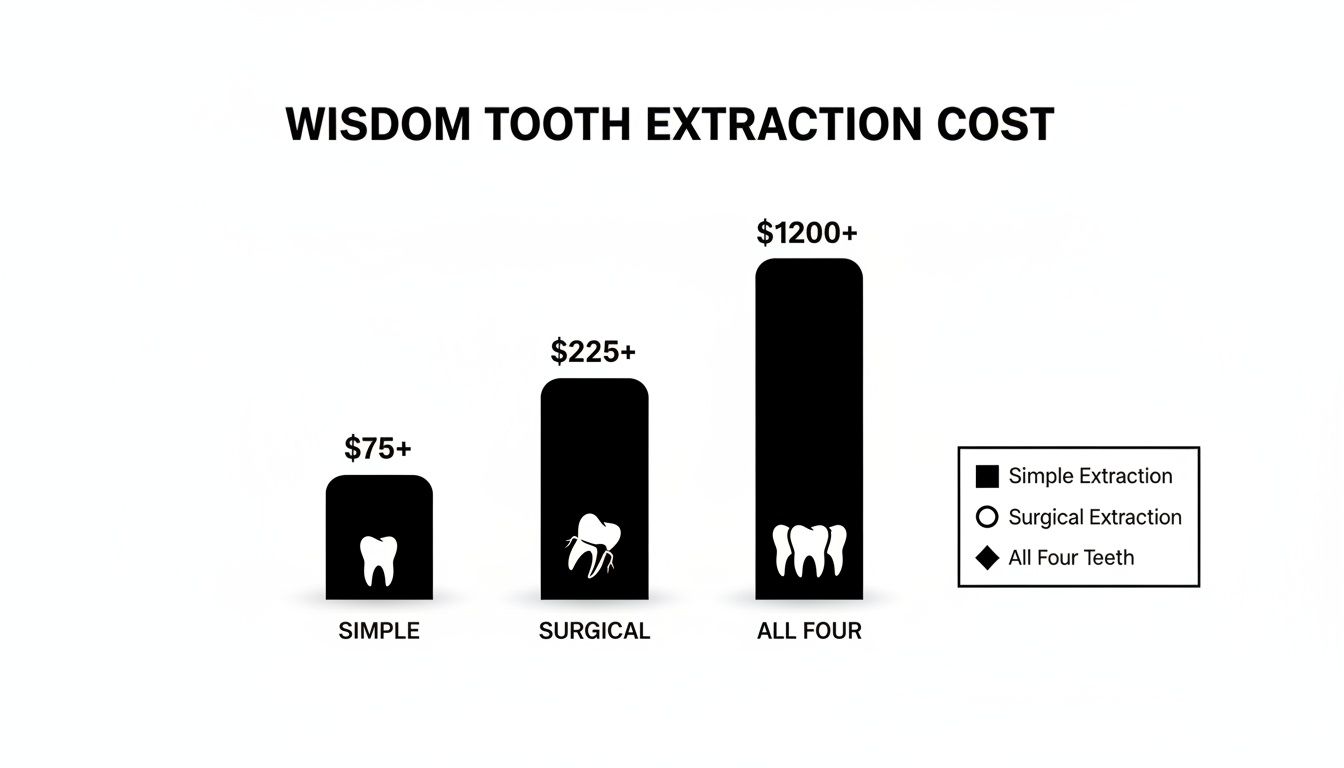 Bar chart illustrating wisdom tooth extraction costs for simple, surgical, and all four teeth.