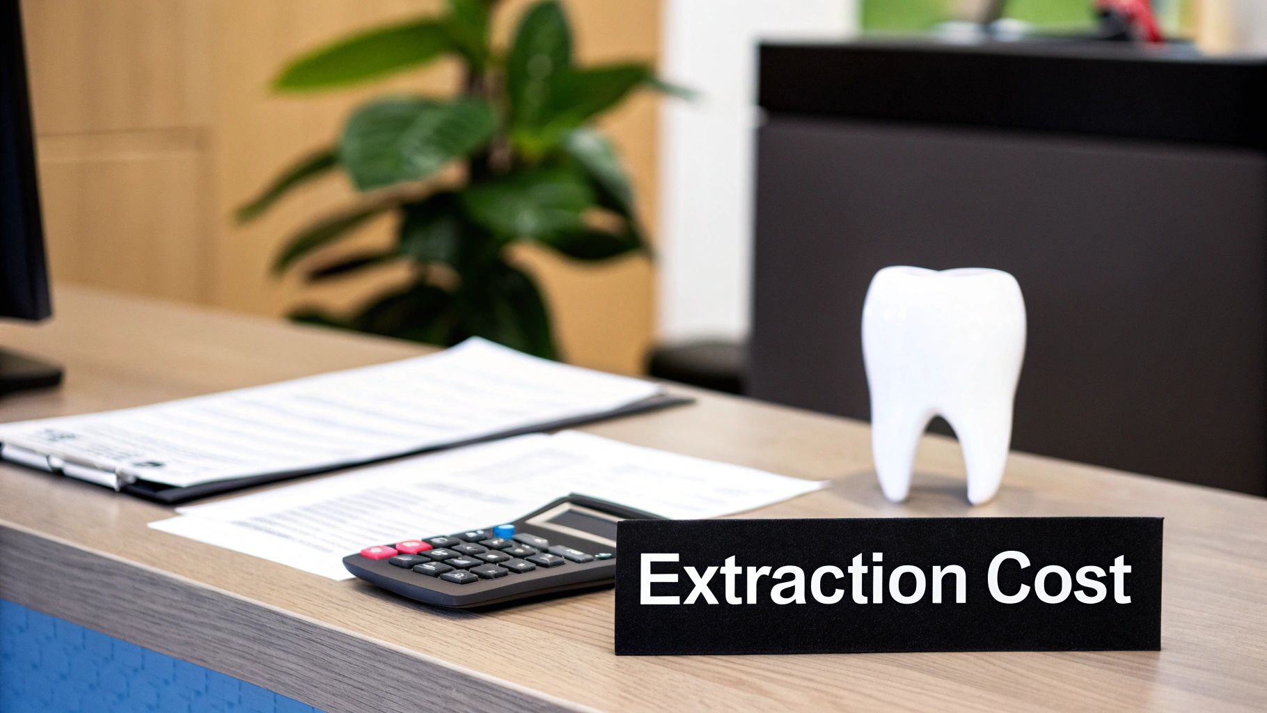 A dental office desk with a tooth model, papers, a calculator, and an "Extraction Cost" sign.