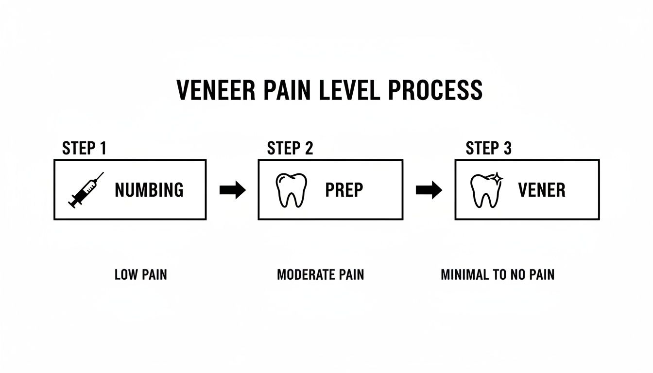 Infographic illustrating the three steps of veneer application and associated pain levels: numbing, prep, and veneer.