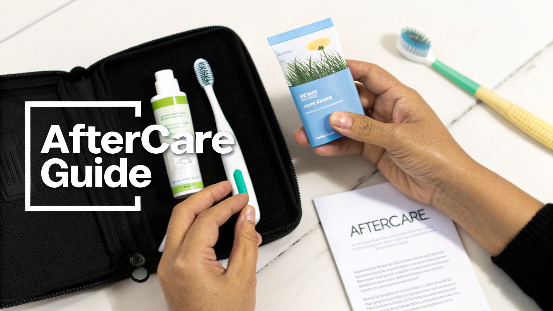 Hands holding dental aftercare products including a toothbrush, mouthwash, toothpaste, and an aftercare guide.