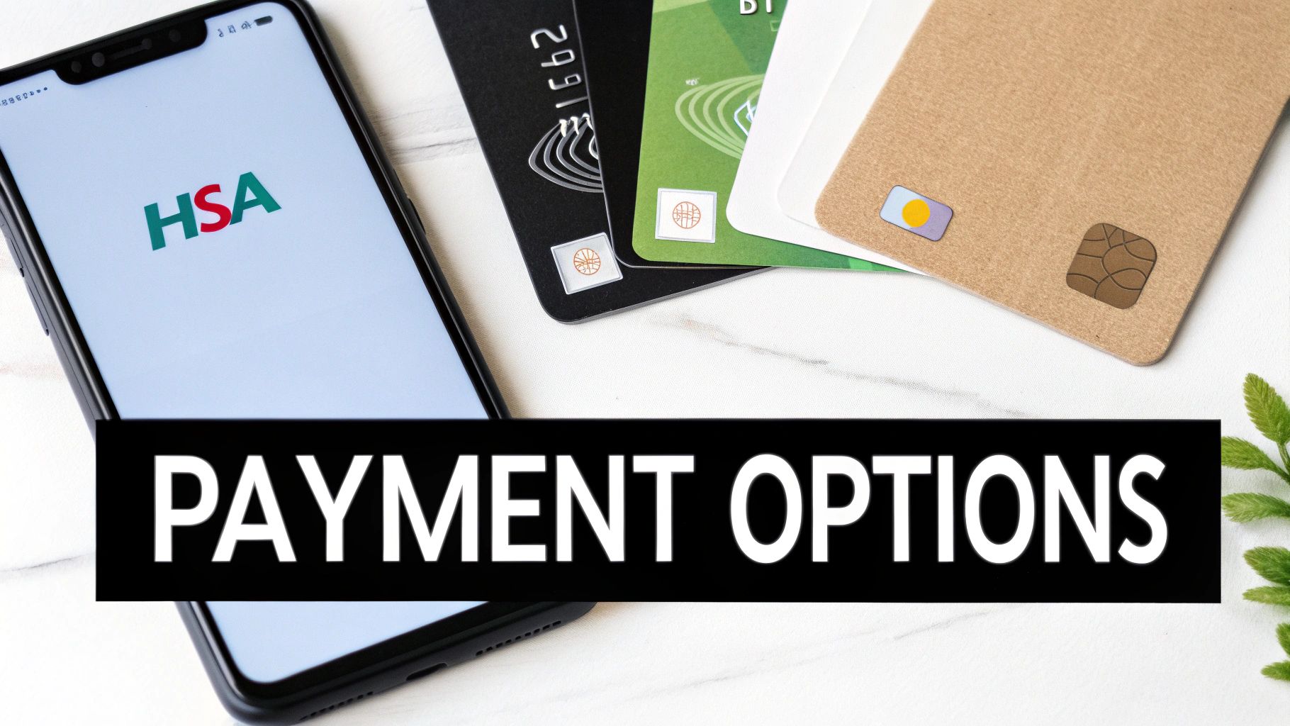 Smartphone displaying an HSA app, alongside various credit cards, with 'Payment Options' displayed.