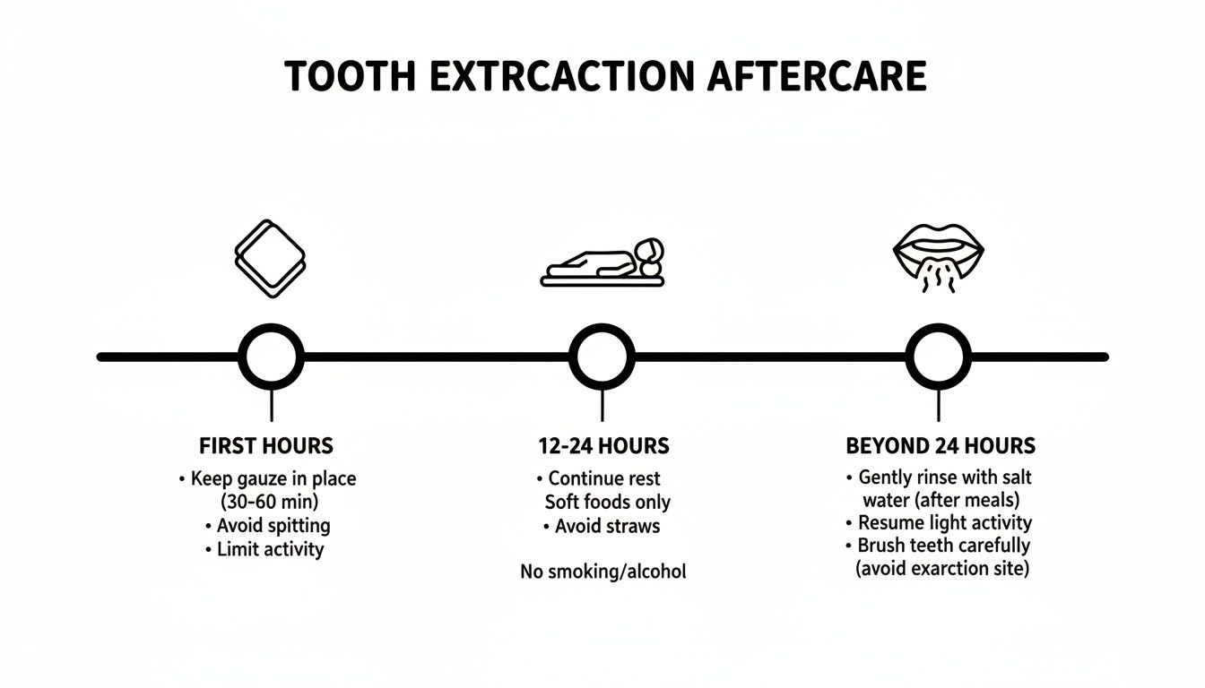 Timeline diagram showing tooth extraction aftercare instructions for the first hours, 12-24 hours, and beyond 24 hours.