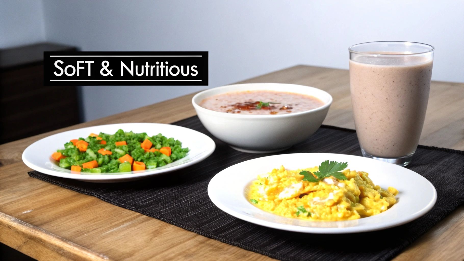 A table with soft, nutritious foods: pureed vegetables, soup, scrambled eggs, and a smoothie.