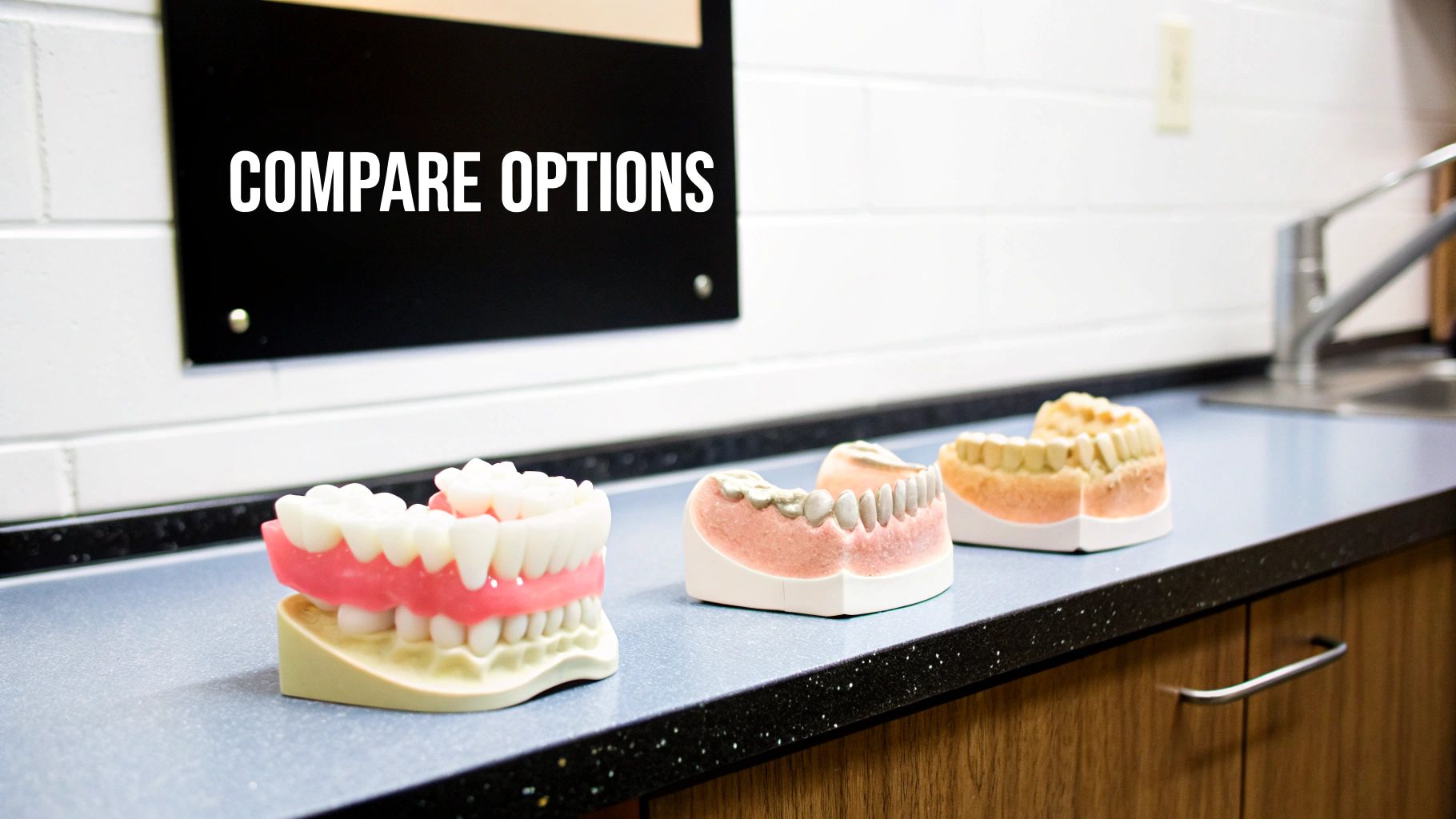 Three dental models of teeth and gums displayed on a counter with 'COMPARE OPTIONS' sign.