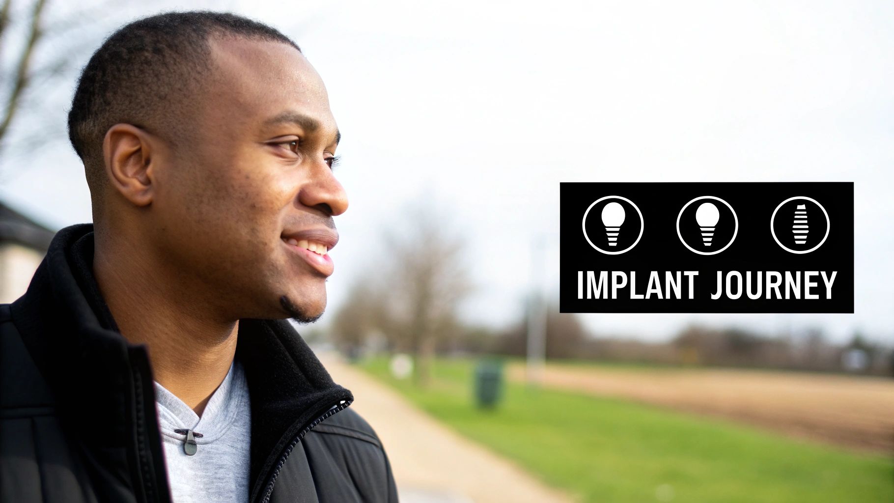 A smiling young Black man outdoors with a graphic showing an "Implant Journey" roadmap.
