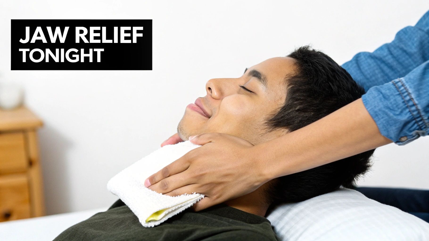 A person with closed eyes receives a soothing jaw massage or compress for nighttime relief.
