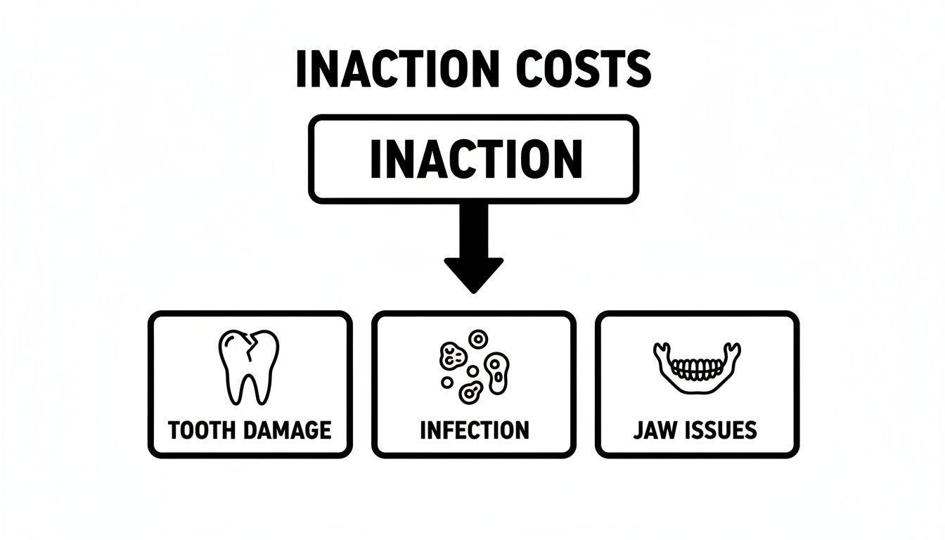 A diagram titled 'Inaction Costs' shows that 'Inaction' leads to 'Tooth Damage,' 'Infection,' and 'Jaw Issues.'