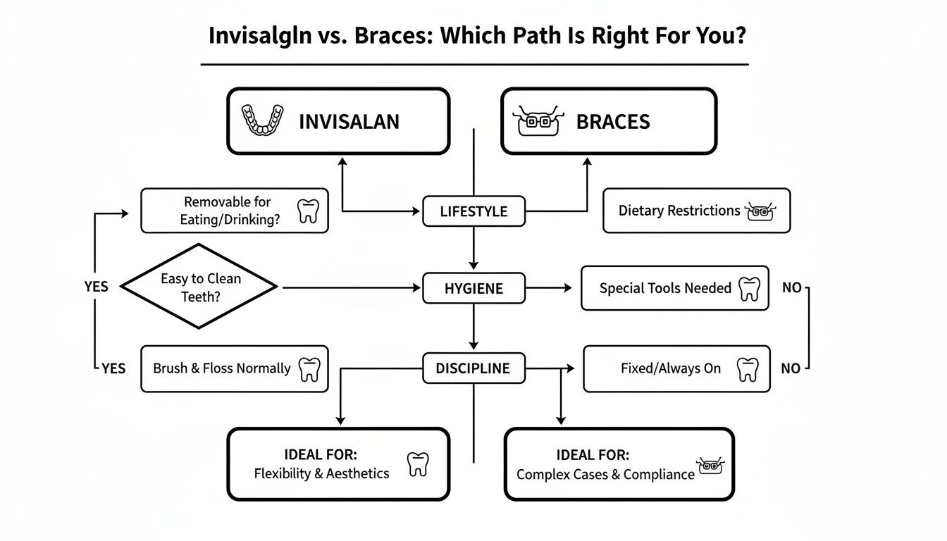 A detailed flowchart comparing Invisalign and braces based on lifestyle, hygiene, and discipline factors.