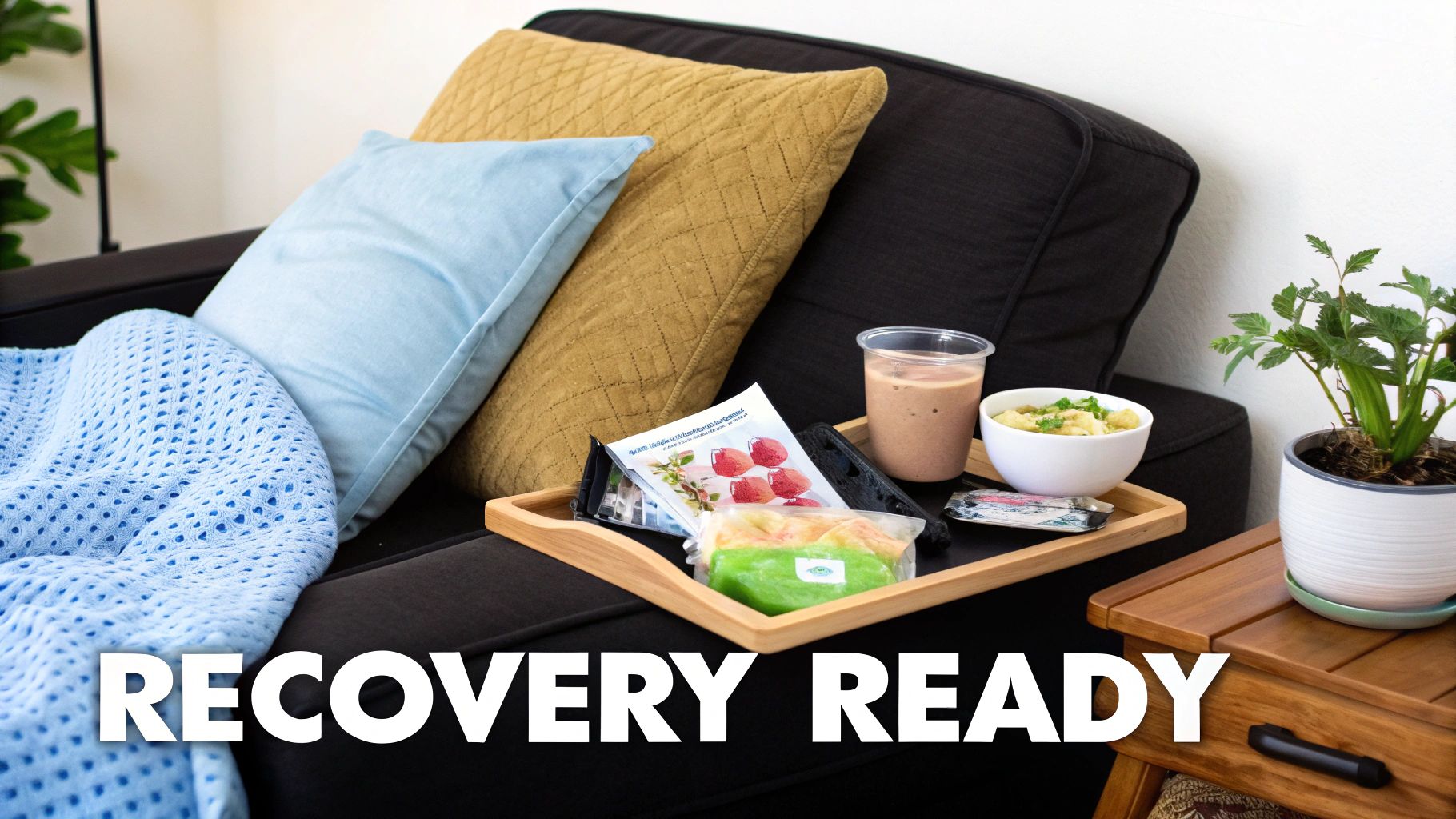 A comfortable recovery setup on a couch with a blue blanket, a tray of food, and a smoothie.