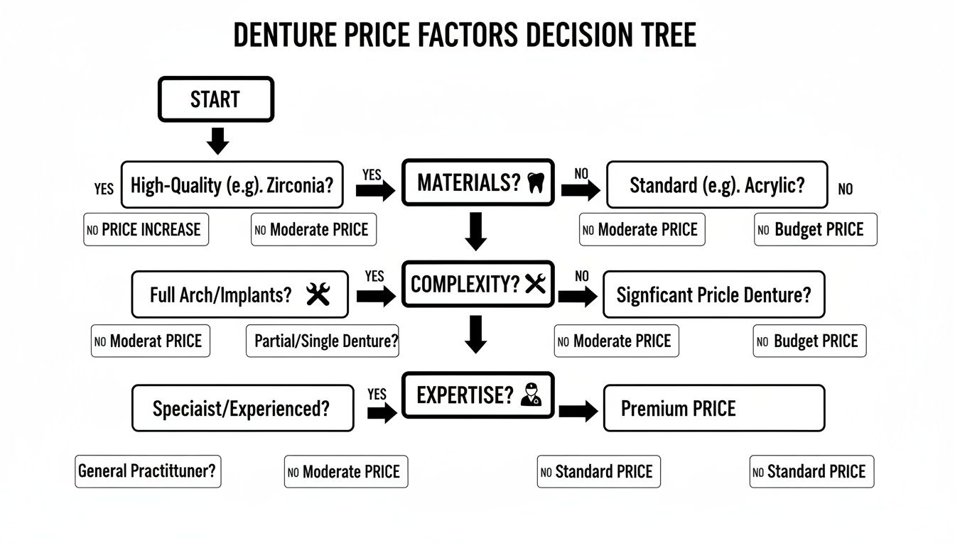 A decision tree flowchart illustrating factors influencing denture prices, covering materials, complexity, and practitioner expertise.