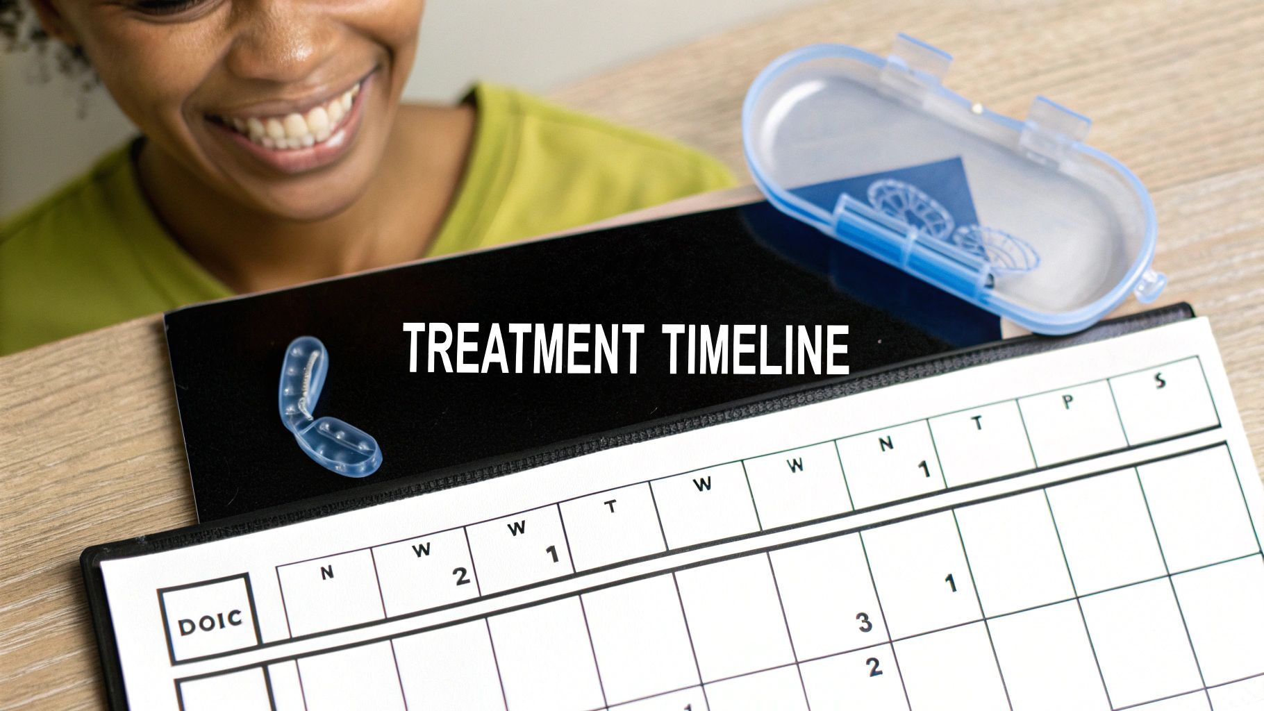 A person smiles next to a 'Treatment Timeline' document, a dental aligner, and a calendar.