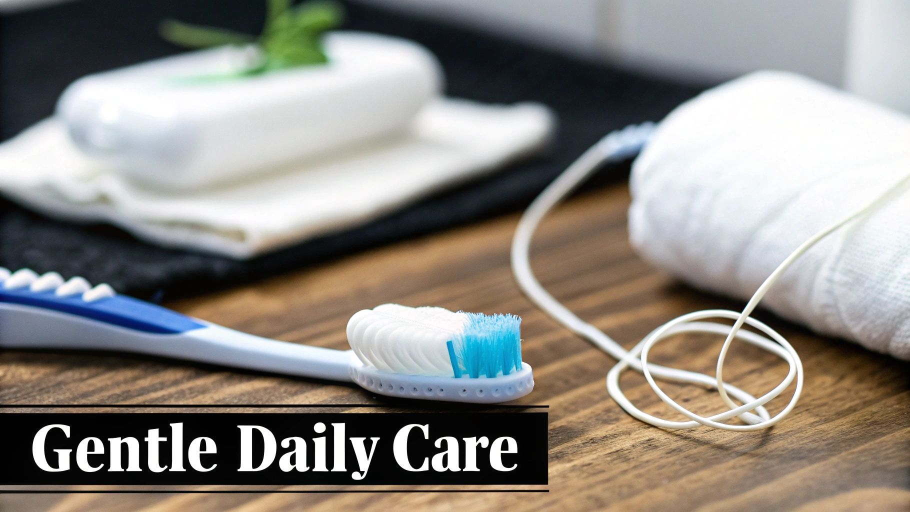 A toothbrush, soap, and a rolled towel on a wooden surface, highlighting gentle daily care.