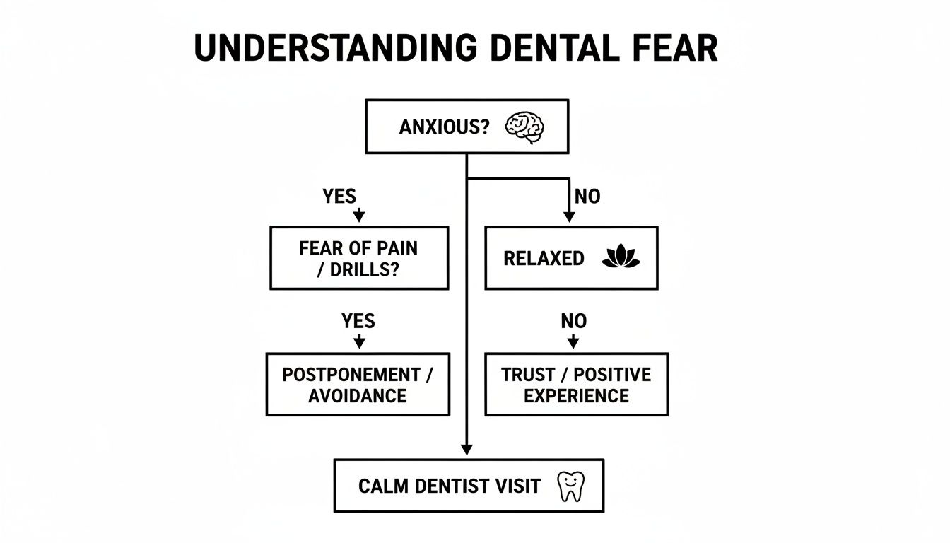 A flowchart illustrating the decision path from dental anxiety to a calm dentist visit.