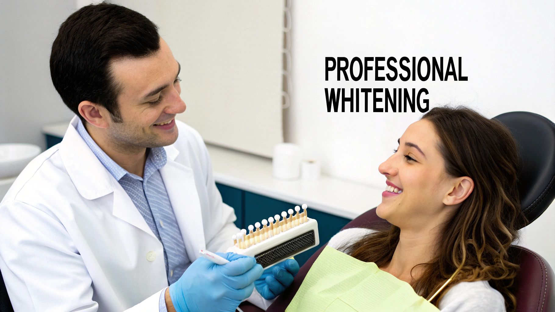 A smiling male dentist shows a tooth shade guide to a happy female patient for whitening.