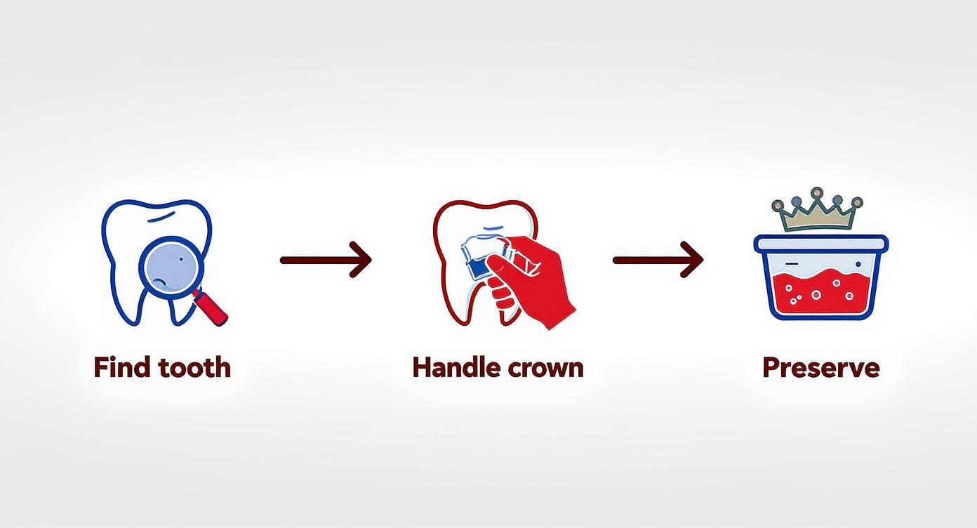 Illustration showing steps to find, handle, and preserve a knocked-out tooth.