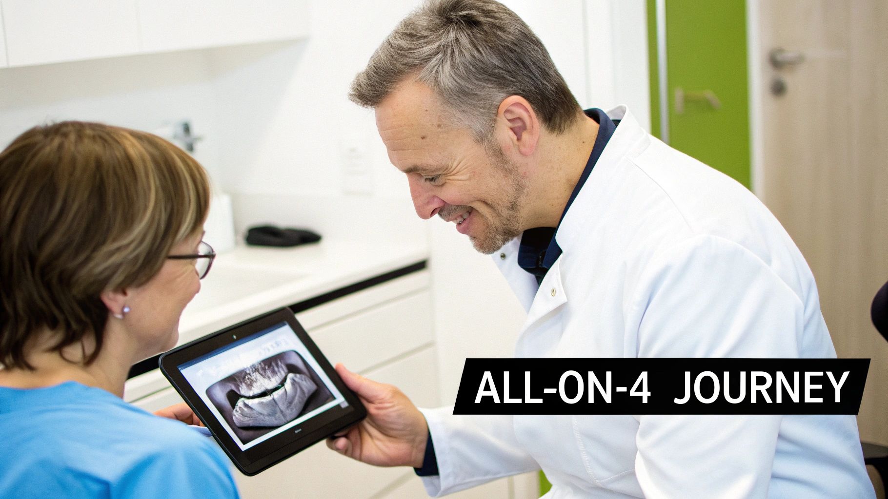 A smiling dentist shows a dental scan on a tablet to a female patient, discussing an 'all-on-4' journey.