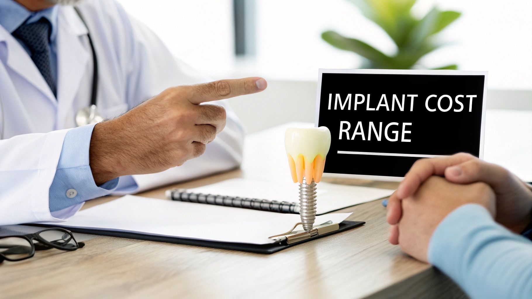 A dentist points to 'IMPLANT COST RANGE' on a screen while discussing with a patient.