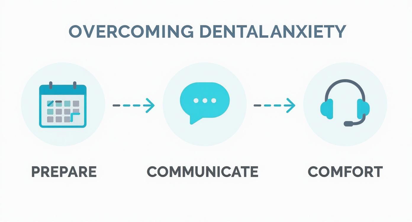 Three-step process for overcoming dental anxiety: prepare with calendar, communicate with speech bubble, comfort with headset