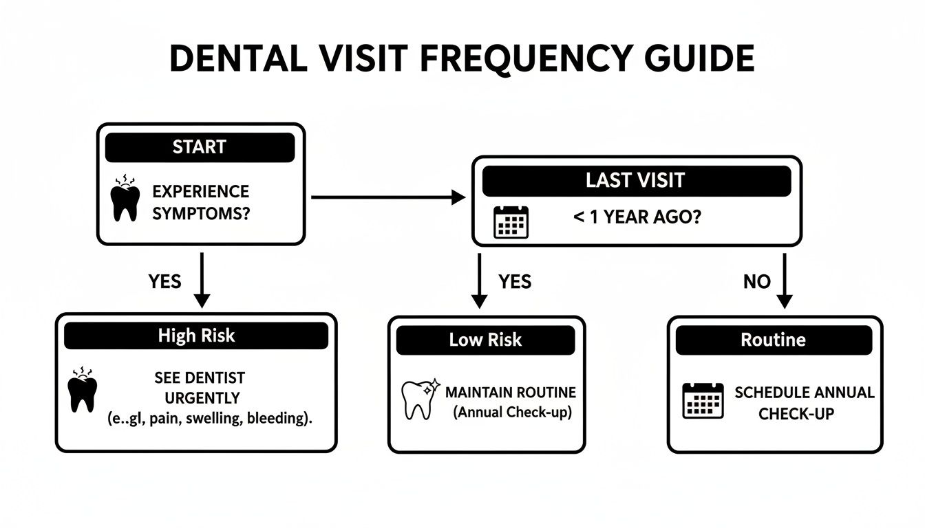 A flowchart guiding dental visit frequency based on symptoms and the date of the last check-up.