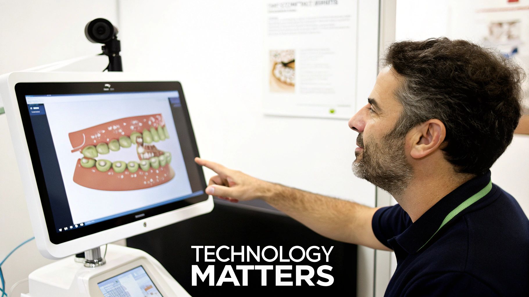 Healthcare professional examining a detailed digital dental scan on a large touchscreen display.