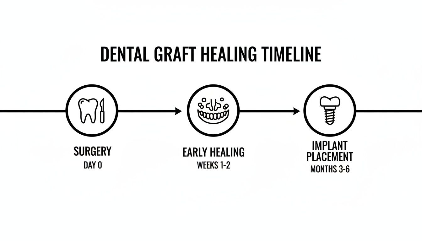 A clear timeline illustrating the dental graft healing process, from initial surgery to final implant placement.