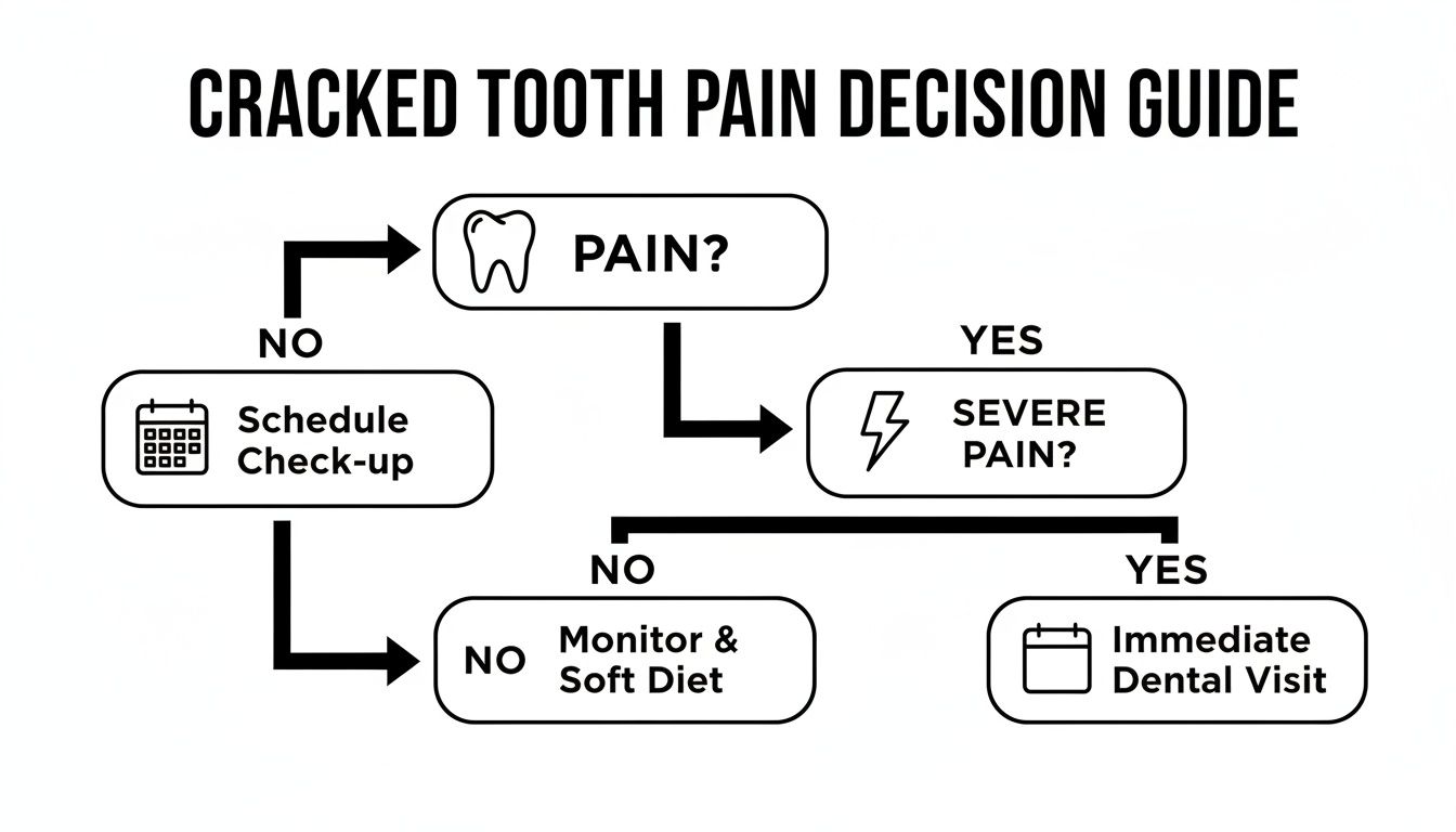 A flowchart decision guide for cracked tooth pain, outlining steps from pain assessment to dental visits.