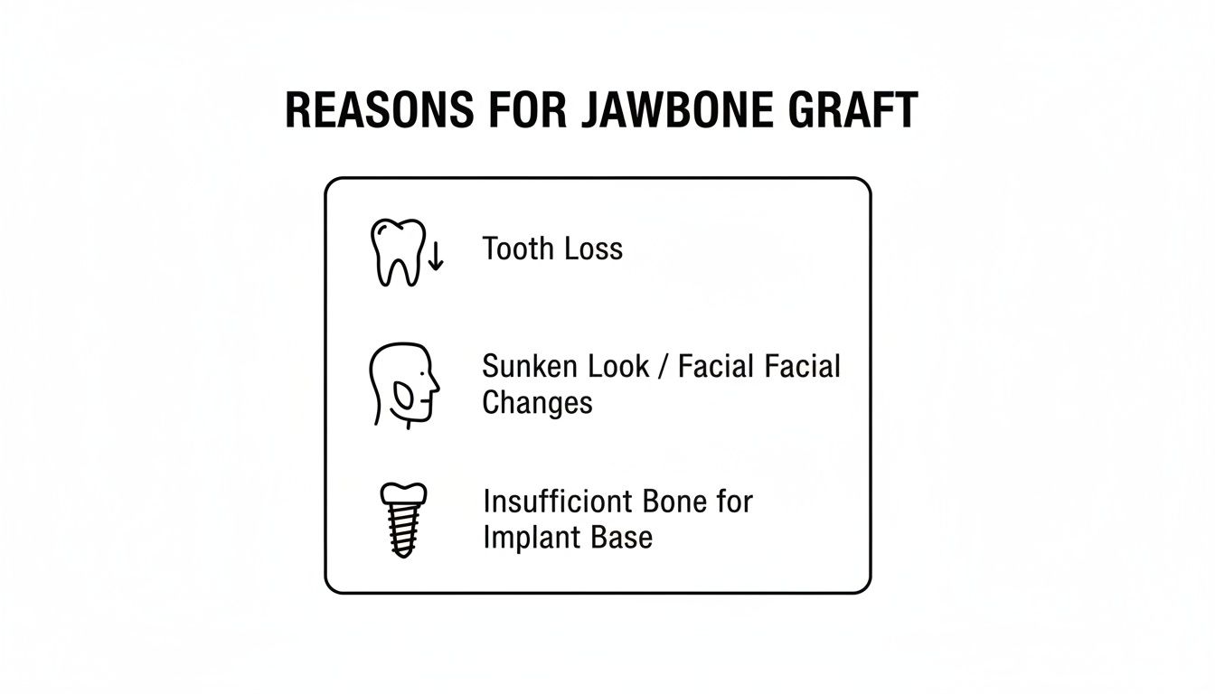 Infographic detailing three key reasons for a jawbone graft: tooth loss, sunken facial changes, and insufficient bone for implants.