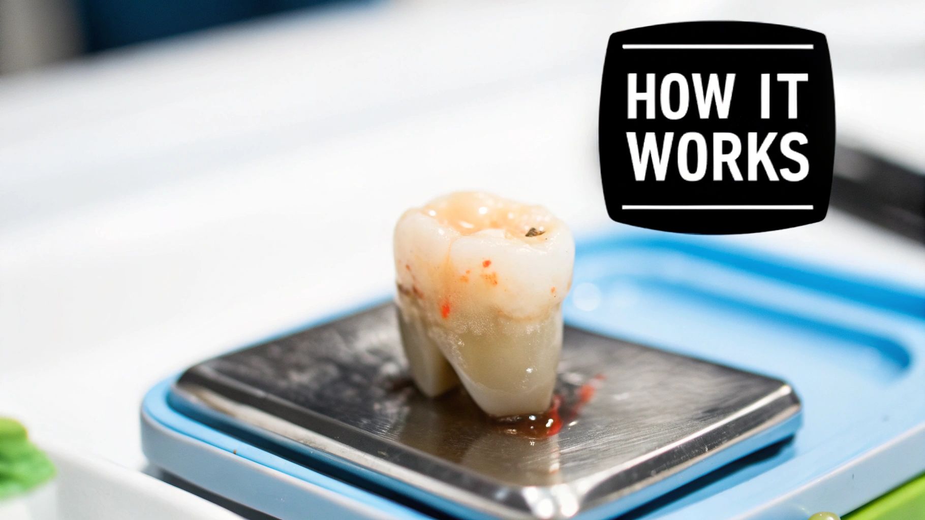 A close-up of an extracted human molar with reddish spots on a metallic tray, next to a 'HOW IT WORKS' label.