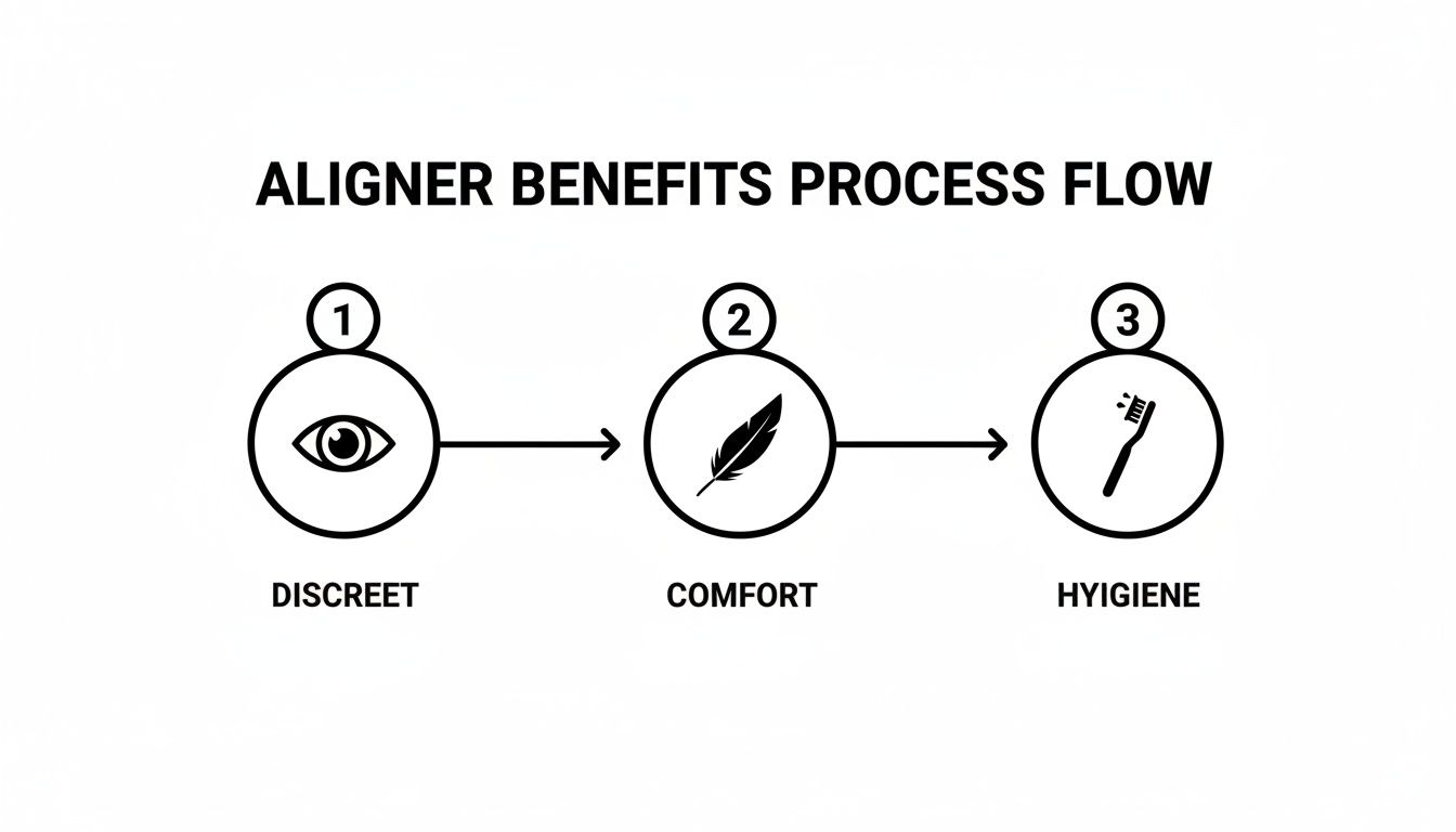 A process flow diagram showing aligner benefits: discreet (eye), comfort (feather), and hygiene (toothbrush).