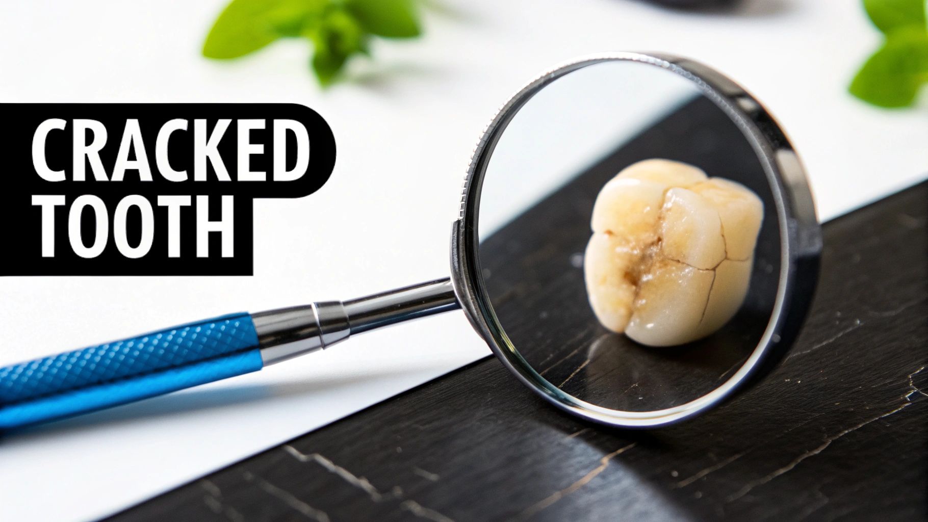 A cracked tooth is magnified under a dental mirror, with 'CRACKED TOOTH' text nearby.