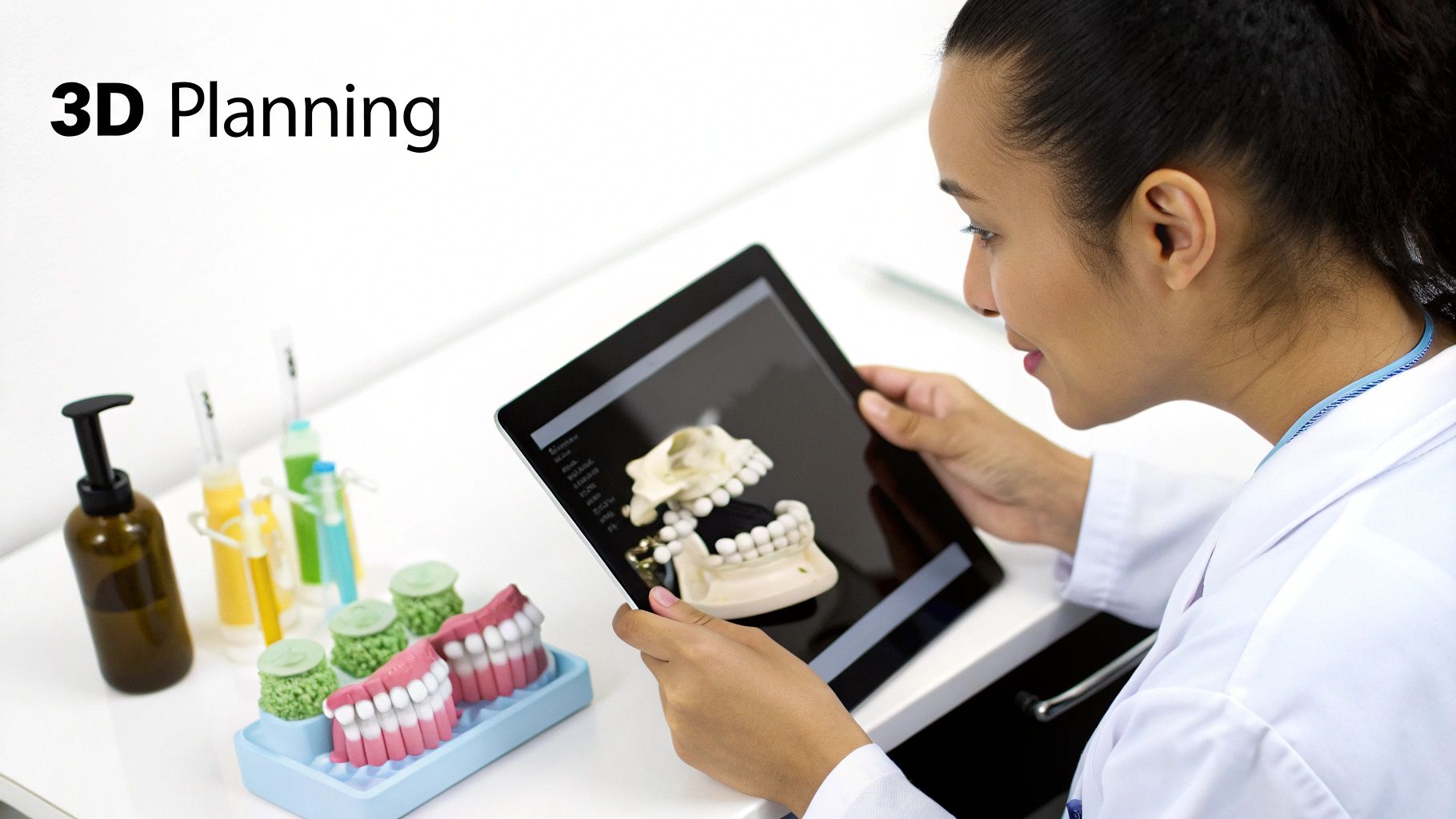 Dental professional reviewing a digital 3D jaw model on a tablet, surrounded by dental tools.