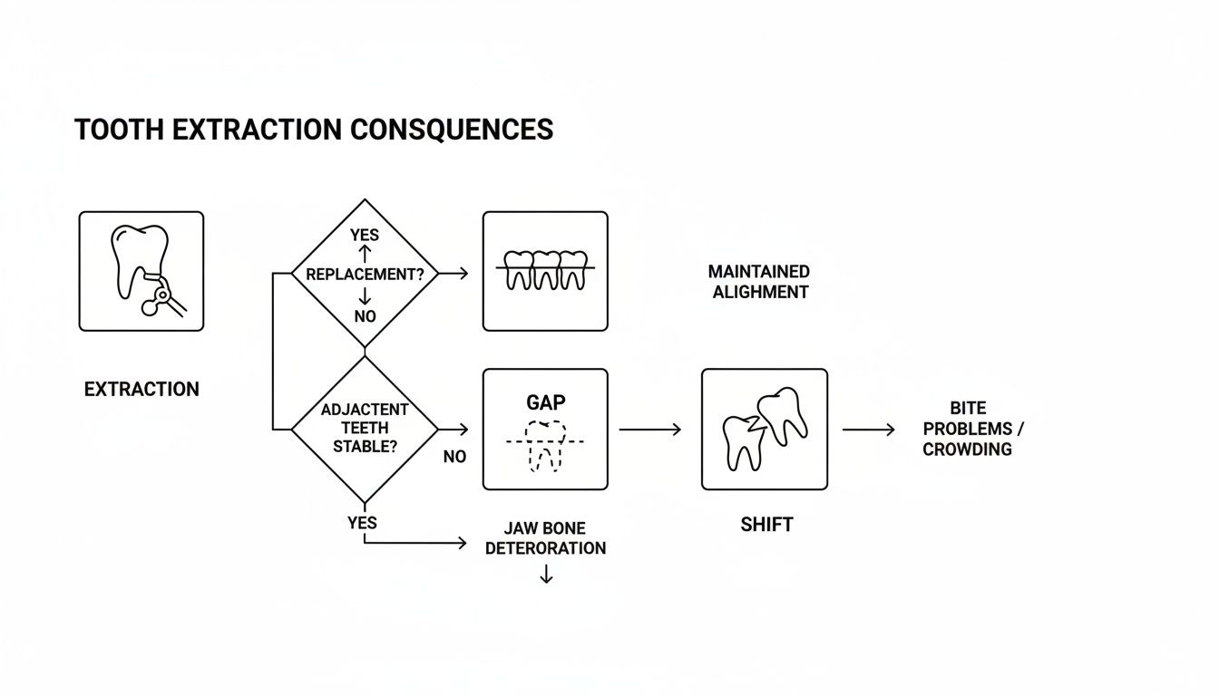 Flowchart illustrating tooth extraction consequences, showing paths for replacement, gap, teeth shifting, and jaw bone deterioration.