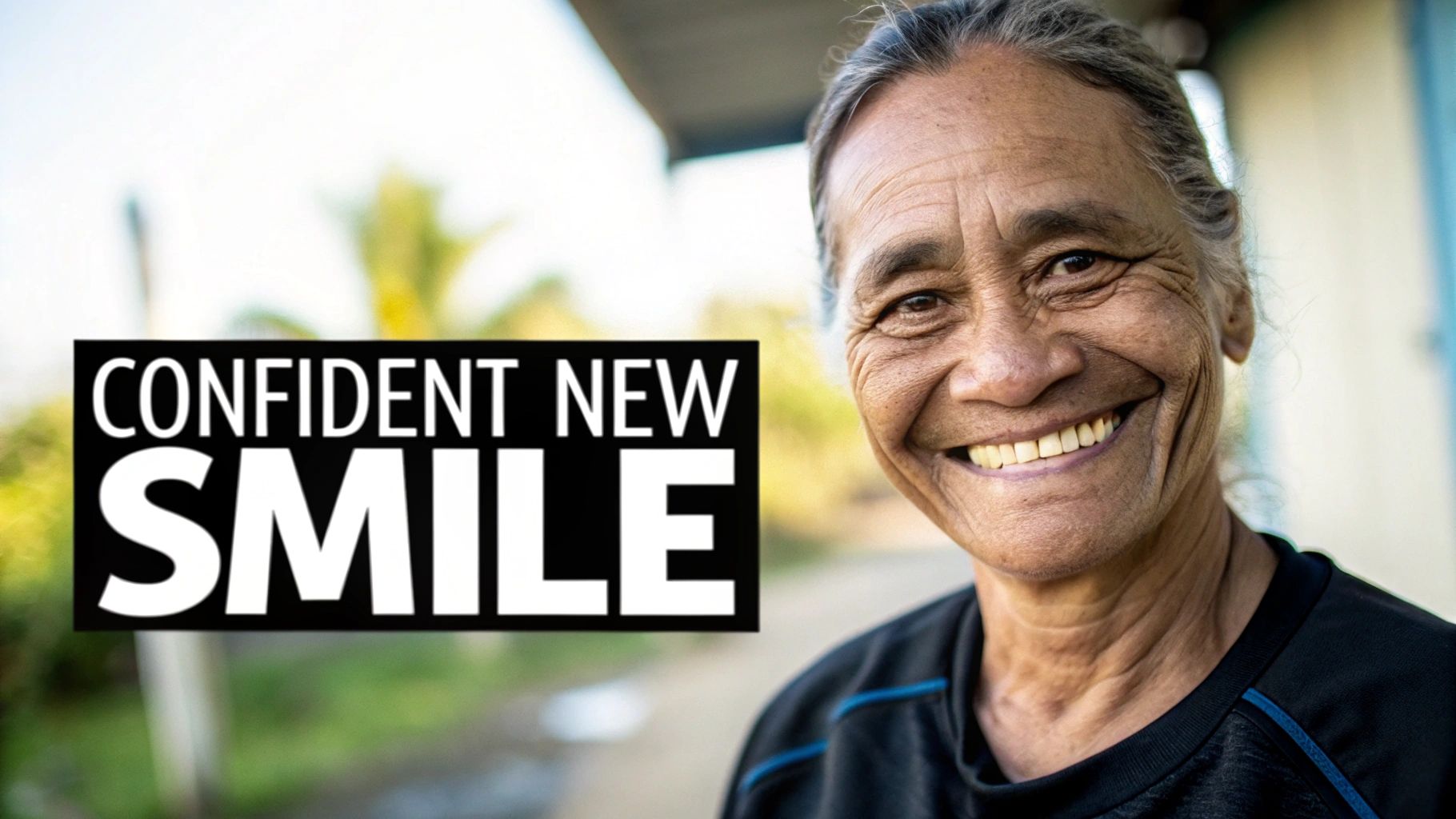 A happy older woman with a confident, bright smile looking at the camera, with text 'Confident New Smile'.