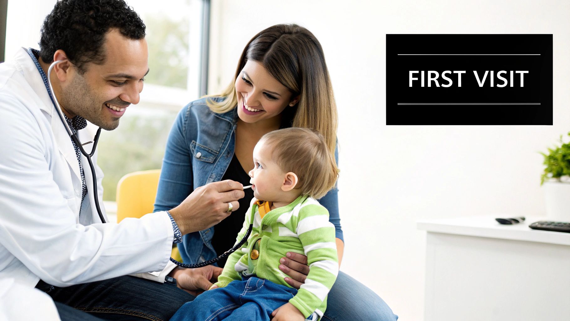 A smiling male doctor examines a baby held by its mother during a first visit check-up.