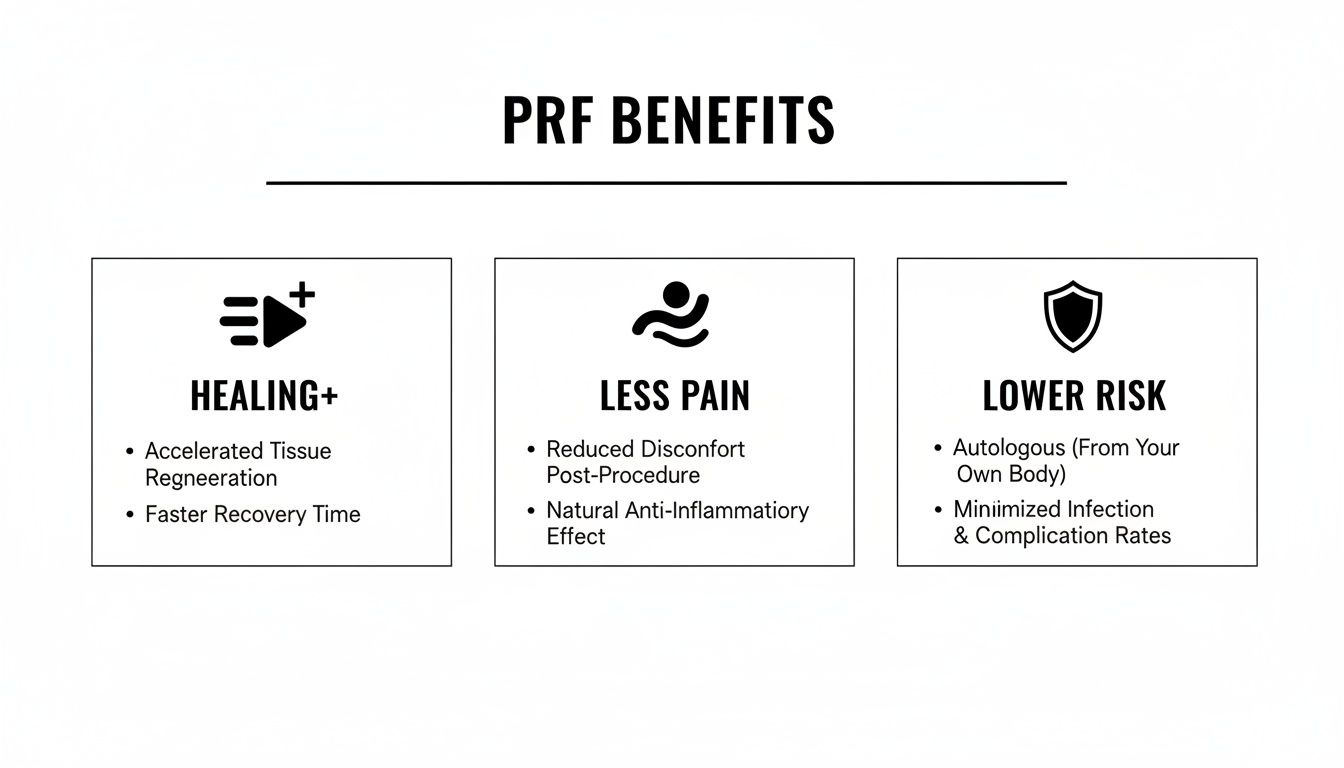 Infographic on PRF benefits showcasing enhanced healing, reduced pain, and lower risks for medical procedures.