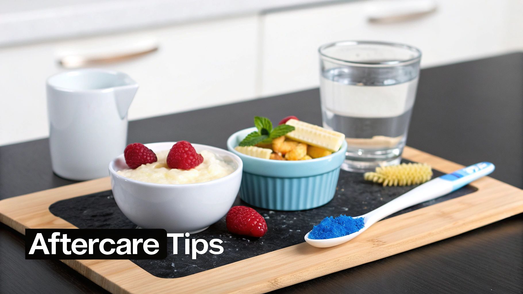 Aftercare tips featuring a spread of soft foods, water, snacks, and a spoon with blue powder on a wooden board.