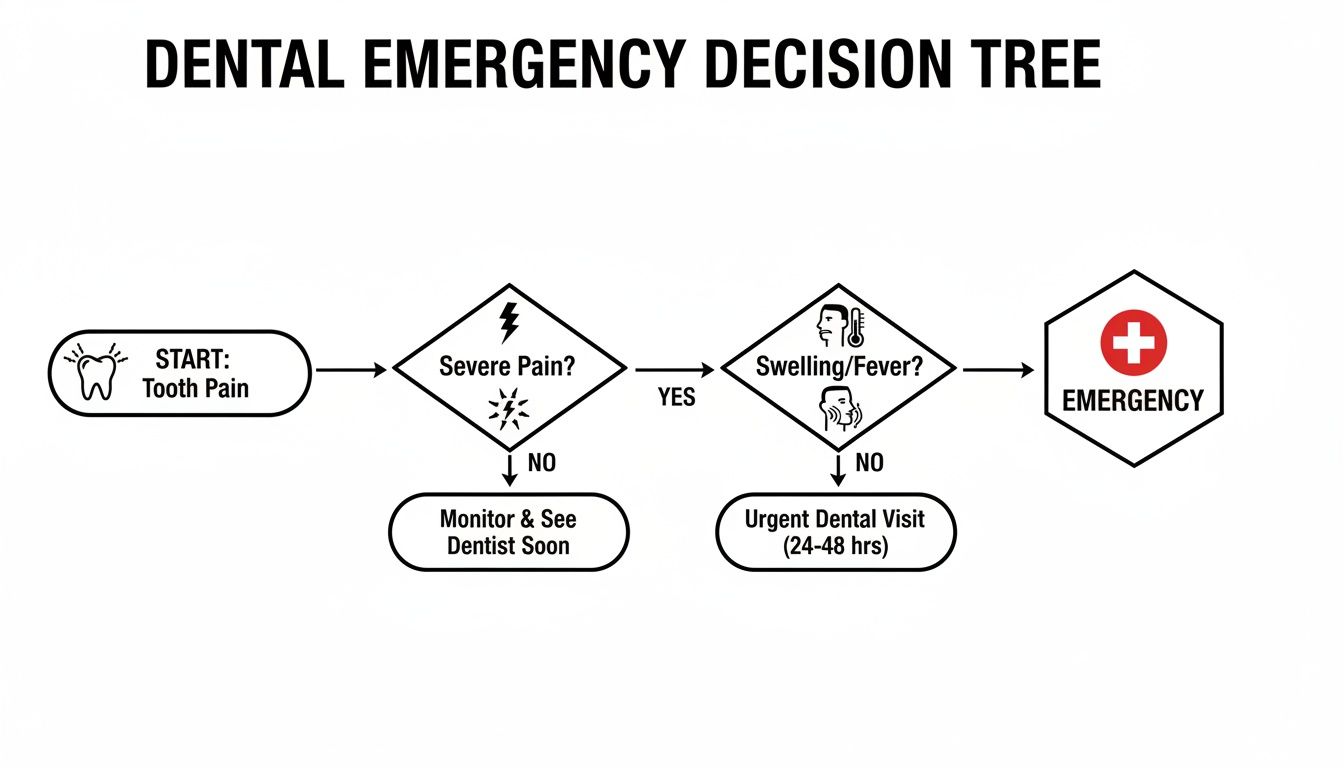 Flowchart illustrating a dental emergency decision tree, guiding individuals from tooth pain to appropriate actions like monitoring, urgent visit, or emergency.