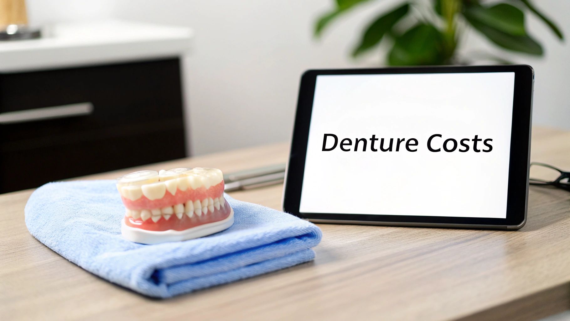 A dental model of dentures on a blue towel beside a tablet displaying 'Denture Costs'.