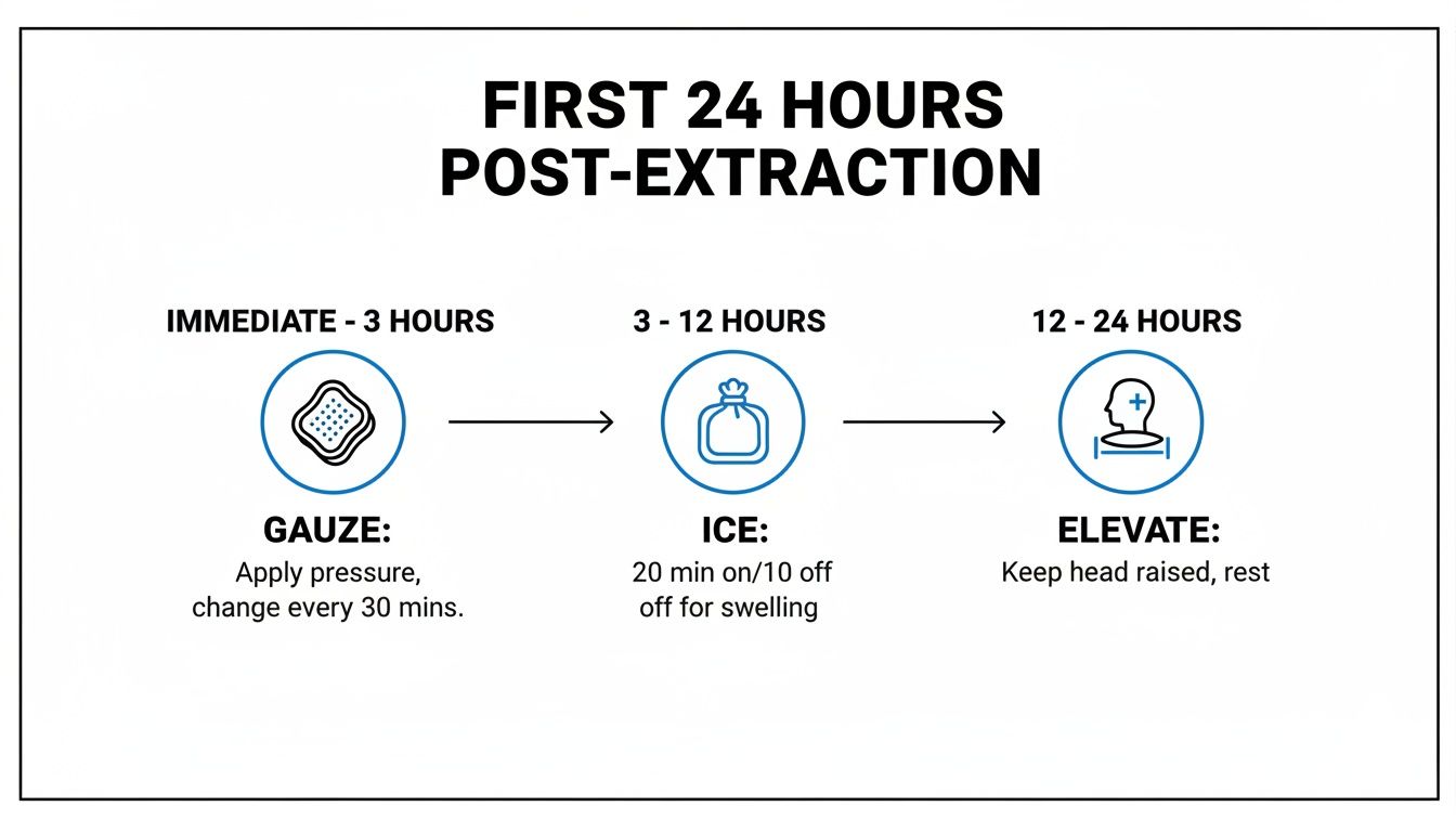 A visual guide for the first 24 hours post-tooth extraction, showing gauze, ice, and elevation steps.