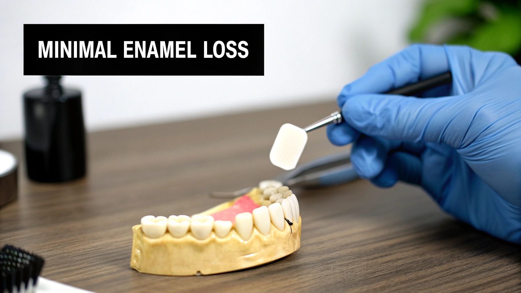 A gloved hand holds a dental tool over a model of teeth, emphasizing minimal enamel loss.