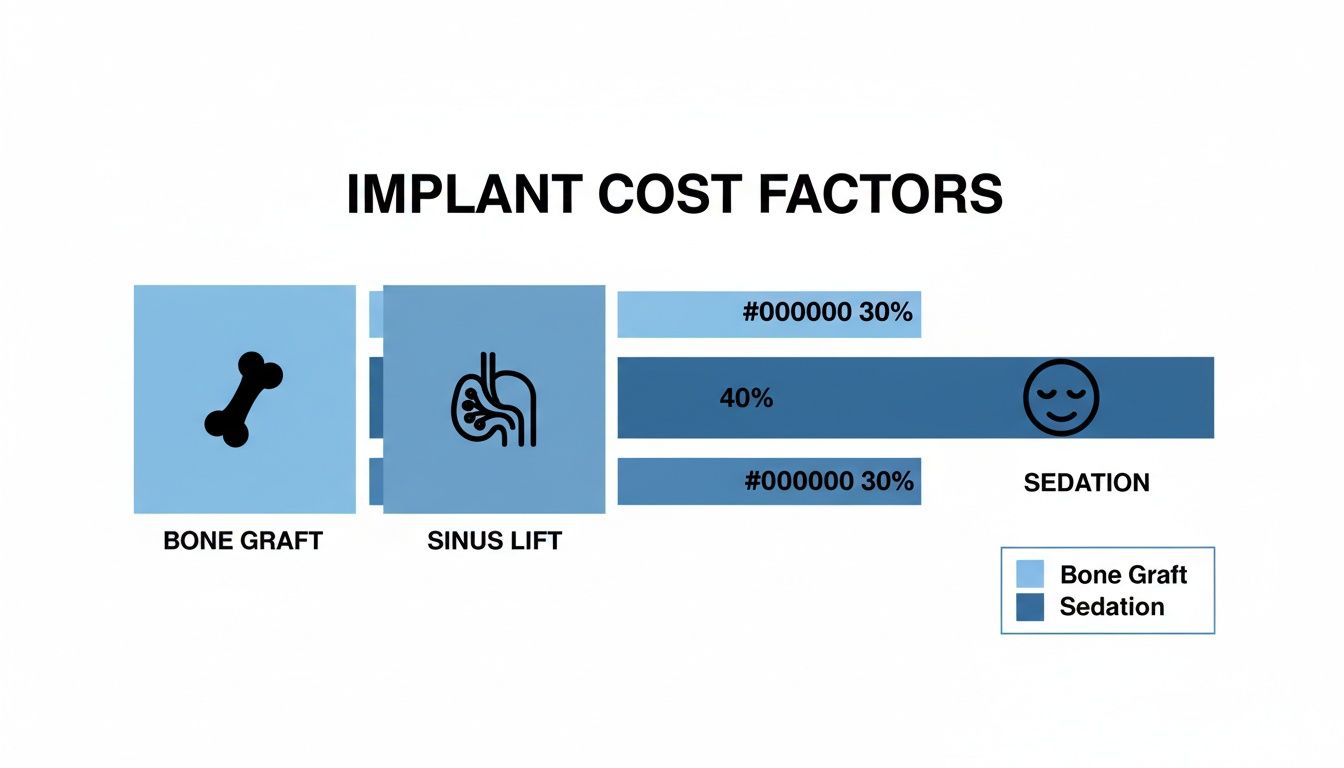 Infographic showing dental implant cost factors, including bone graft, sinus lift, and sedation percentages.