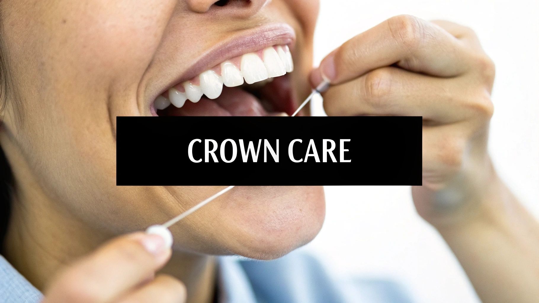 Close-up of a person flossing their teeth, with a black banner overlay stating 'CROWN CARE'.